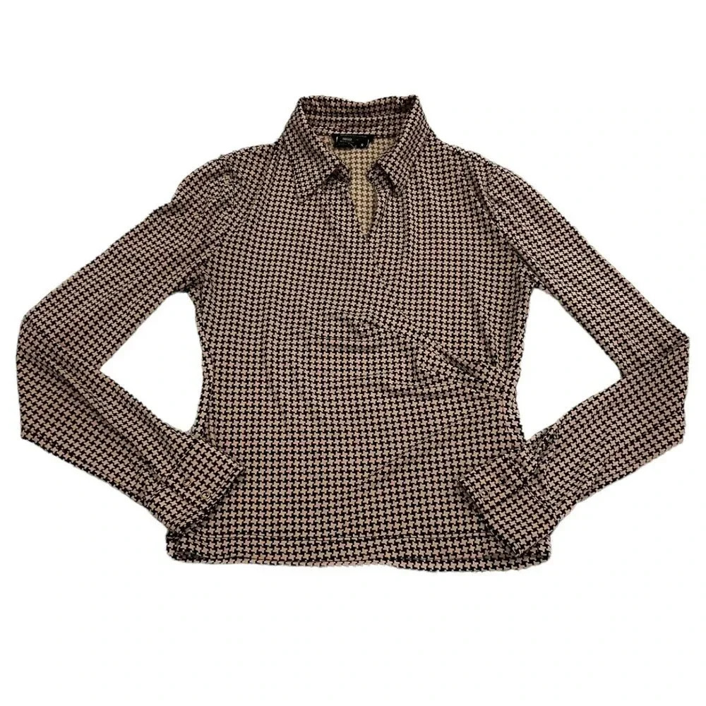 BCBGMaxAzria Brown Houndstooth Faux Wrap Blouse S